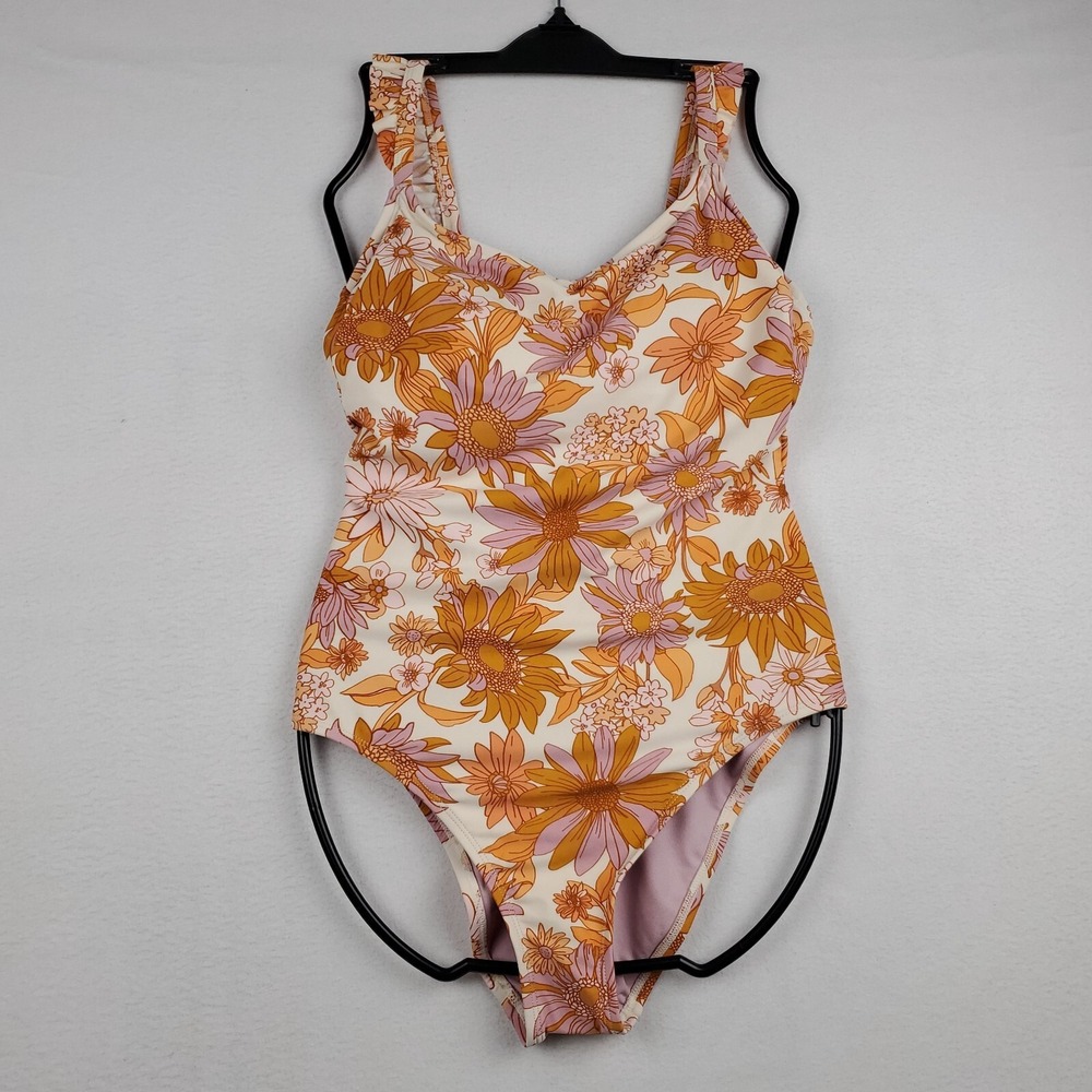 Kona Sol Swimsuit Women's Medium Ivory Floral‎ Sleeveless Pullover Ruffle Strap
